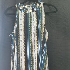SLEEVELESS MULTI COLORED BLACK WHITE BLUE YELLOW-GOLD TOP SZ LARGE